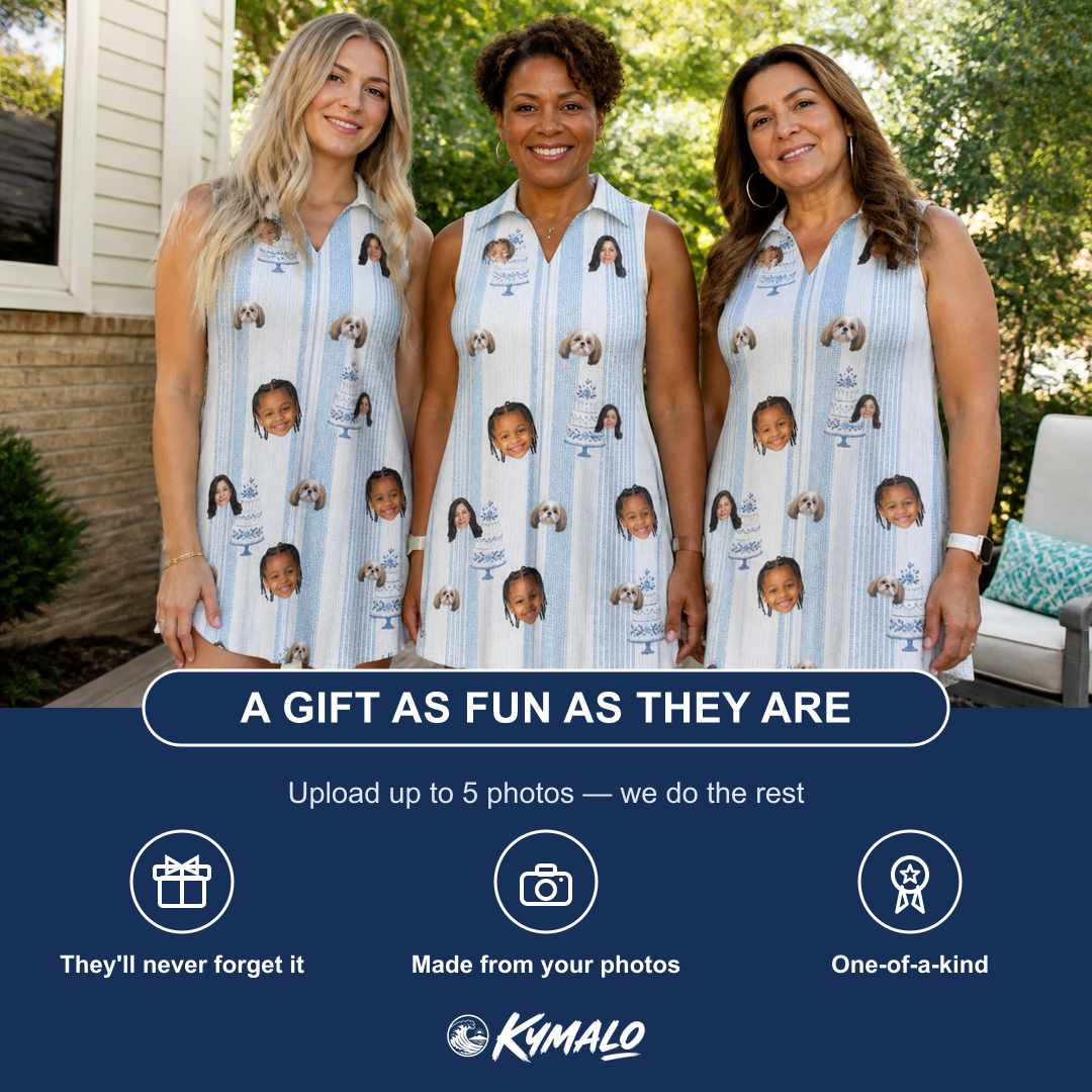 Friends in matching Women's Buttercream Boardwalk Custom Face V-Neck Dress — a group gift photo