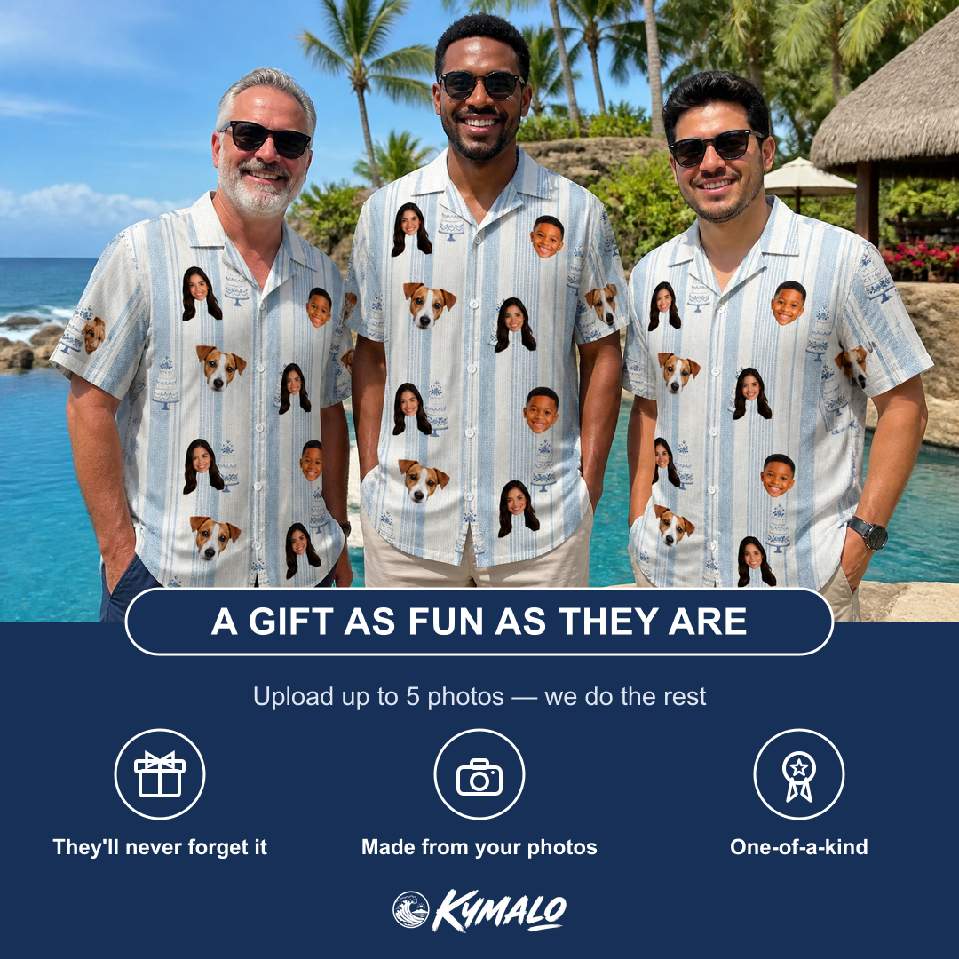Friends in matching Men's Buttercream Boardwalk Custom Face Hawaiian Shirt — a group gift photo