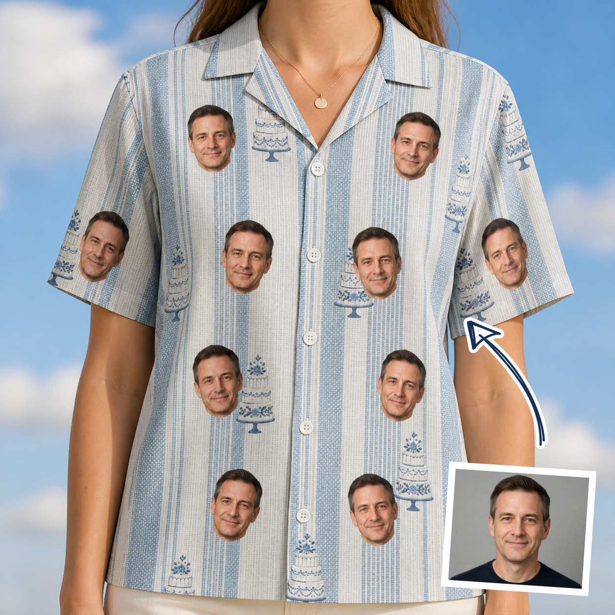 Woman wearing Women's Buttercream Boardwalk Custom Face Hawaiian Shirt — custom faces printed all-over