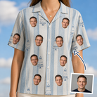 Woman wearing Women's Buttercream Boardwalk Custom Face Hawaiian Shirt — custom faces printed all-over