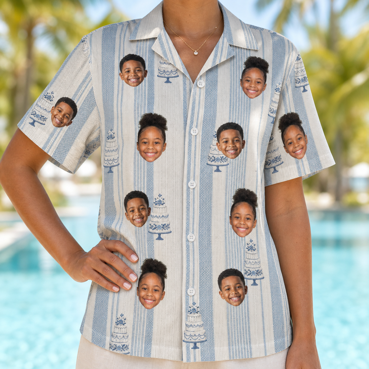 Model wearing Women's Buttercream Boardwalk Custom Face Hawaiian Shirt printed with kids' faces