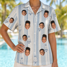 Model wearing Women's Buttercream Boardwalk Custom Face Hawaiian Shirt printed with kids' faces