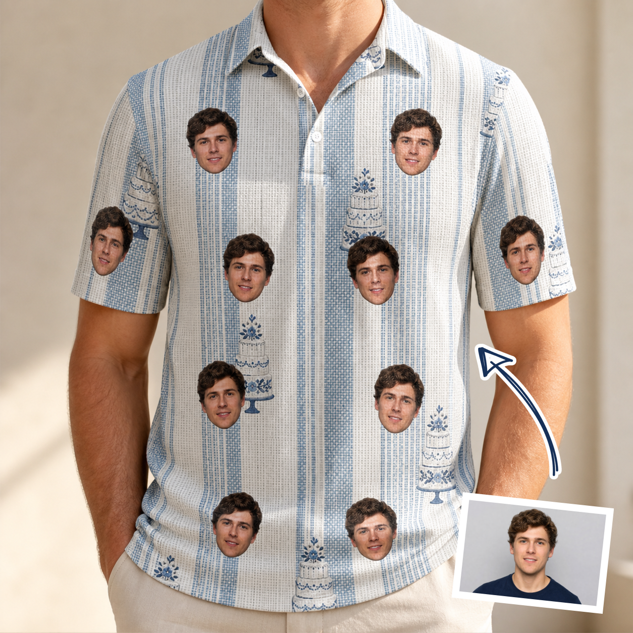 Man wearing Men's Buttercream Boardwalk Custom Face Polo Shirt — custom faces printed all-over