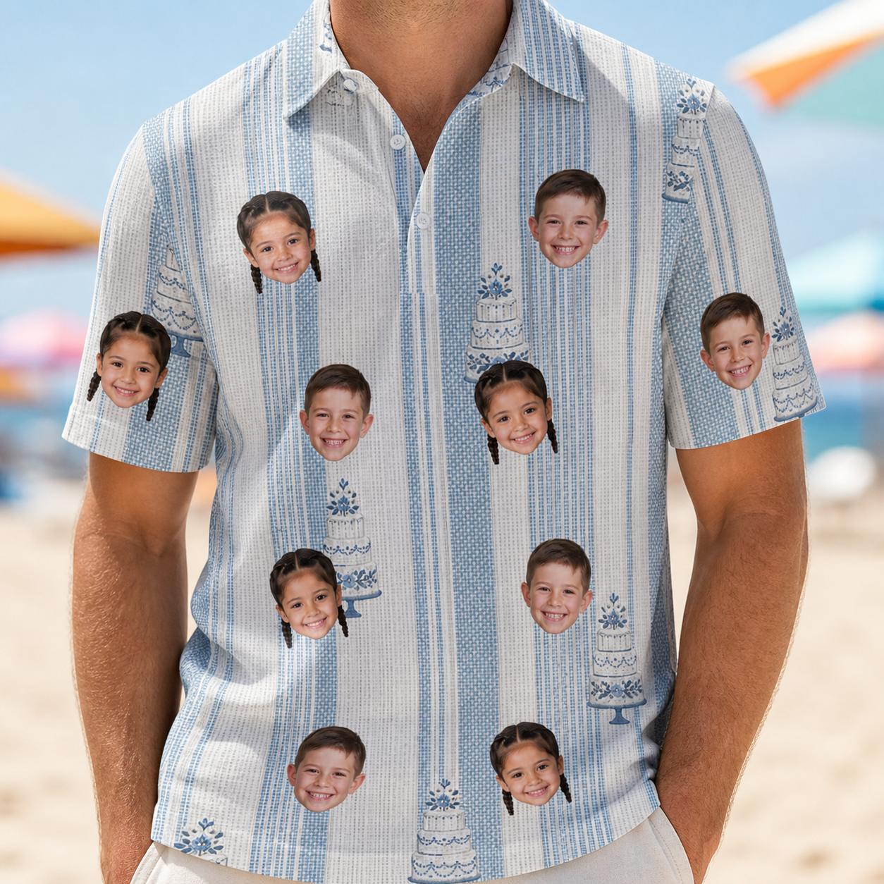 Model wearing Men's Buttercream Boardwalk Custom Face Polo Shirt printed with kids' faces
