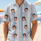 Model wearing Men's Buttercream Boardwalk Custom Face Polo Shirt printed with kids' faces