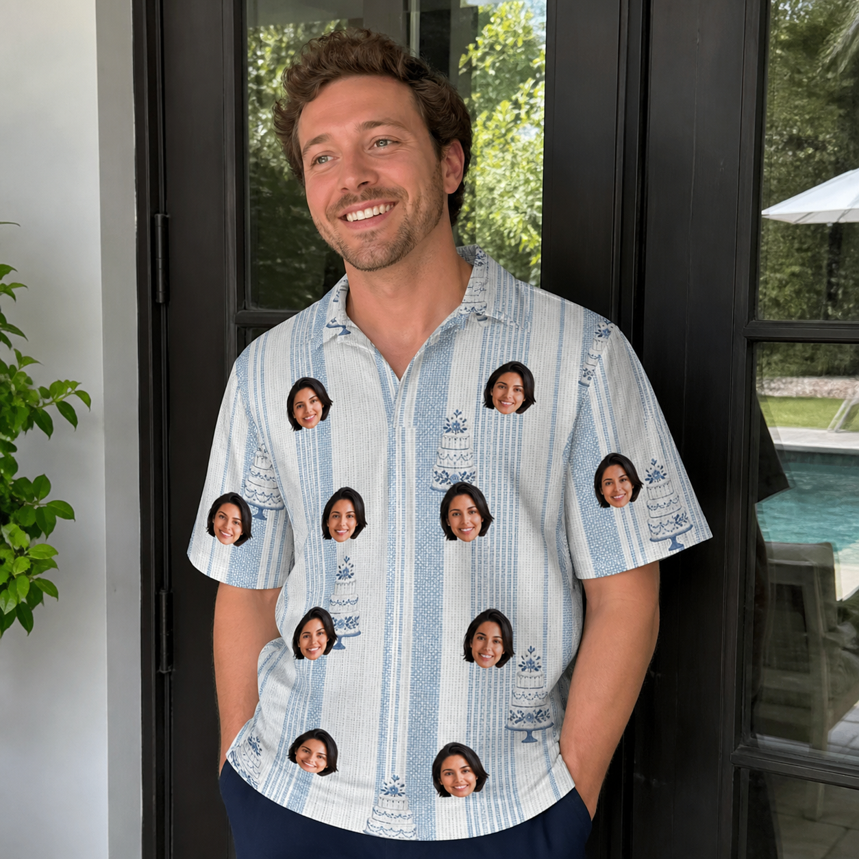 Real-life photo of someone wearing Men's Buttercream Boardwalk Custom Face Polo Shirt — custom faces printed all-over