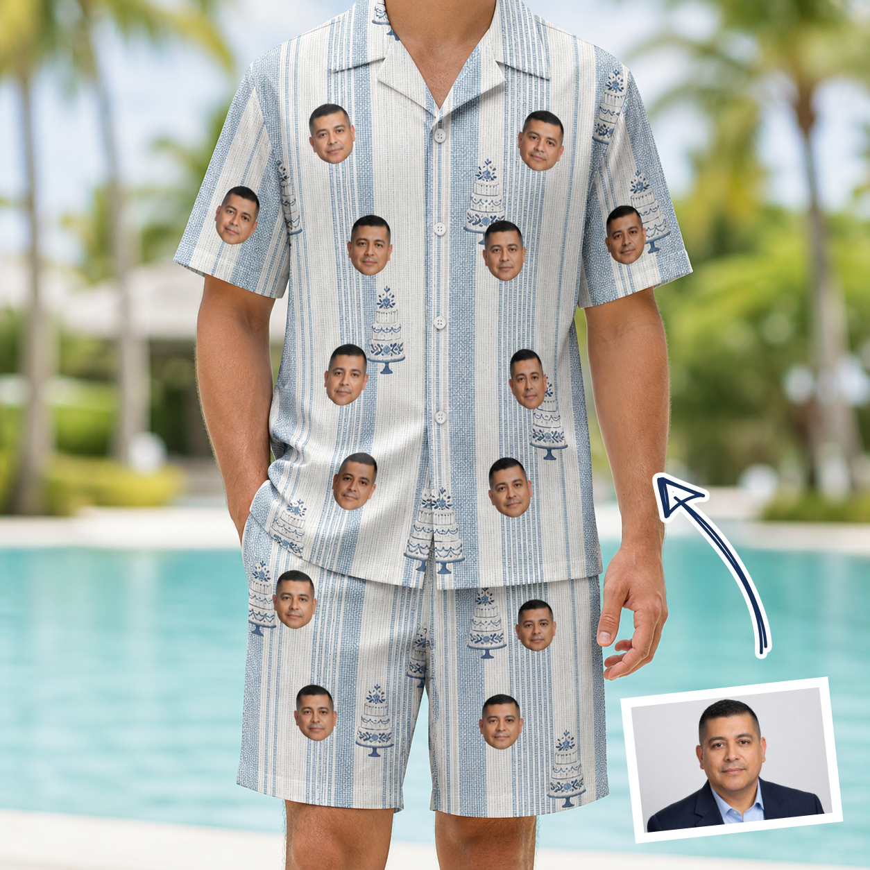 Man wearing Men's Buttercream Boardwalk Custom Face Shirt & Shorts Set — custom faces printed all-over