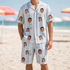 Model wearing Men's Buttercream Boardwalk Custom Face Shirt & Shorts Set printed with kids' faces