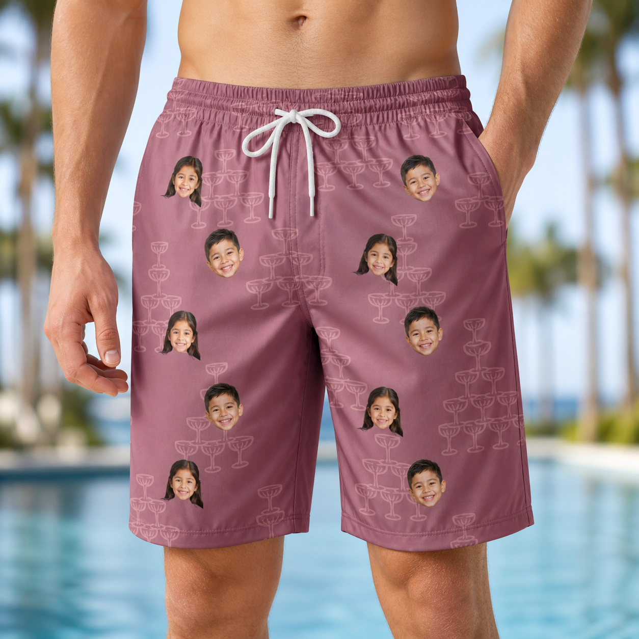 Model wearing Men's Marrytime Mimosas Custom Face Beach Shorts printed with kids' faces