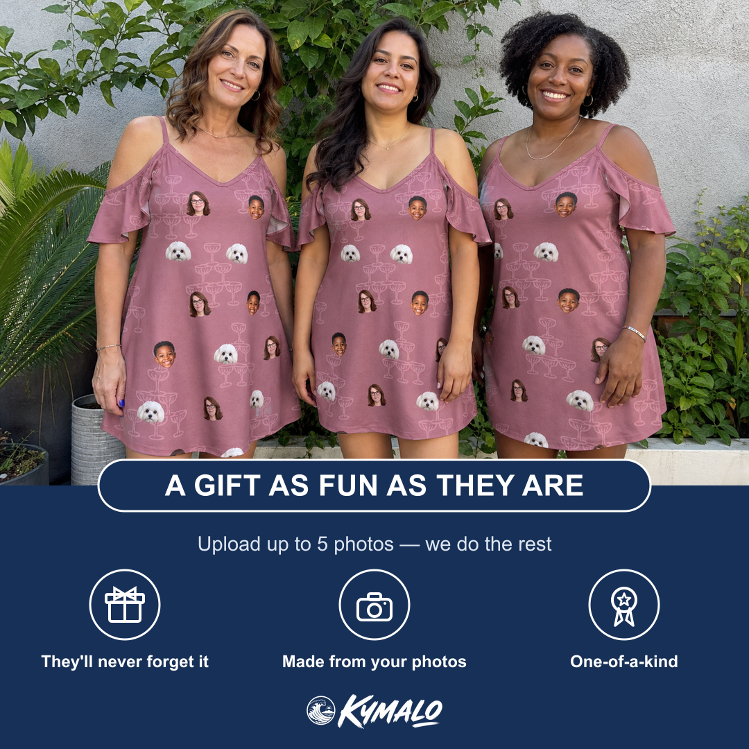 Friends in matching Women's Marrytime Mimosas Custom Face Off-Shoulder Dress — a group gift photo