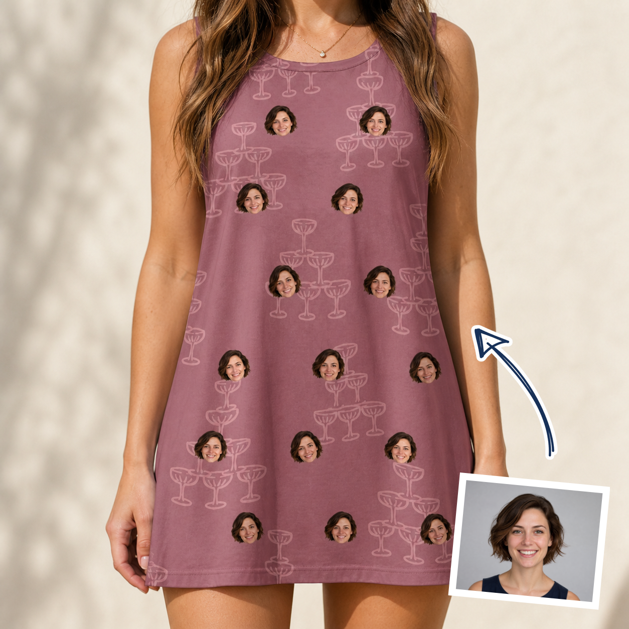 Woman wearing Women's Marrytime Mimosas Custom Face Tank Dress — custom faces printed all-over