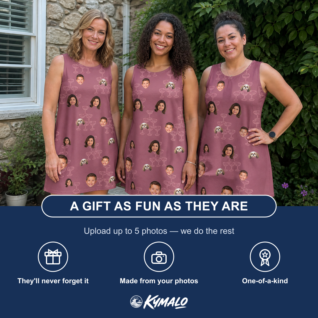 Friends in matching Women's Marrytime Mimosas Custom Face Tank Dress — a group gift photo