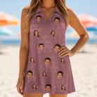 Model wearing Women's Marrytime Mimosas Custom Face V-Neck Dress printed with kids' faces