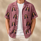Man wearing Men's Marrytime Mimosas Custom Face Hawaiian Shirt open over a white tee