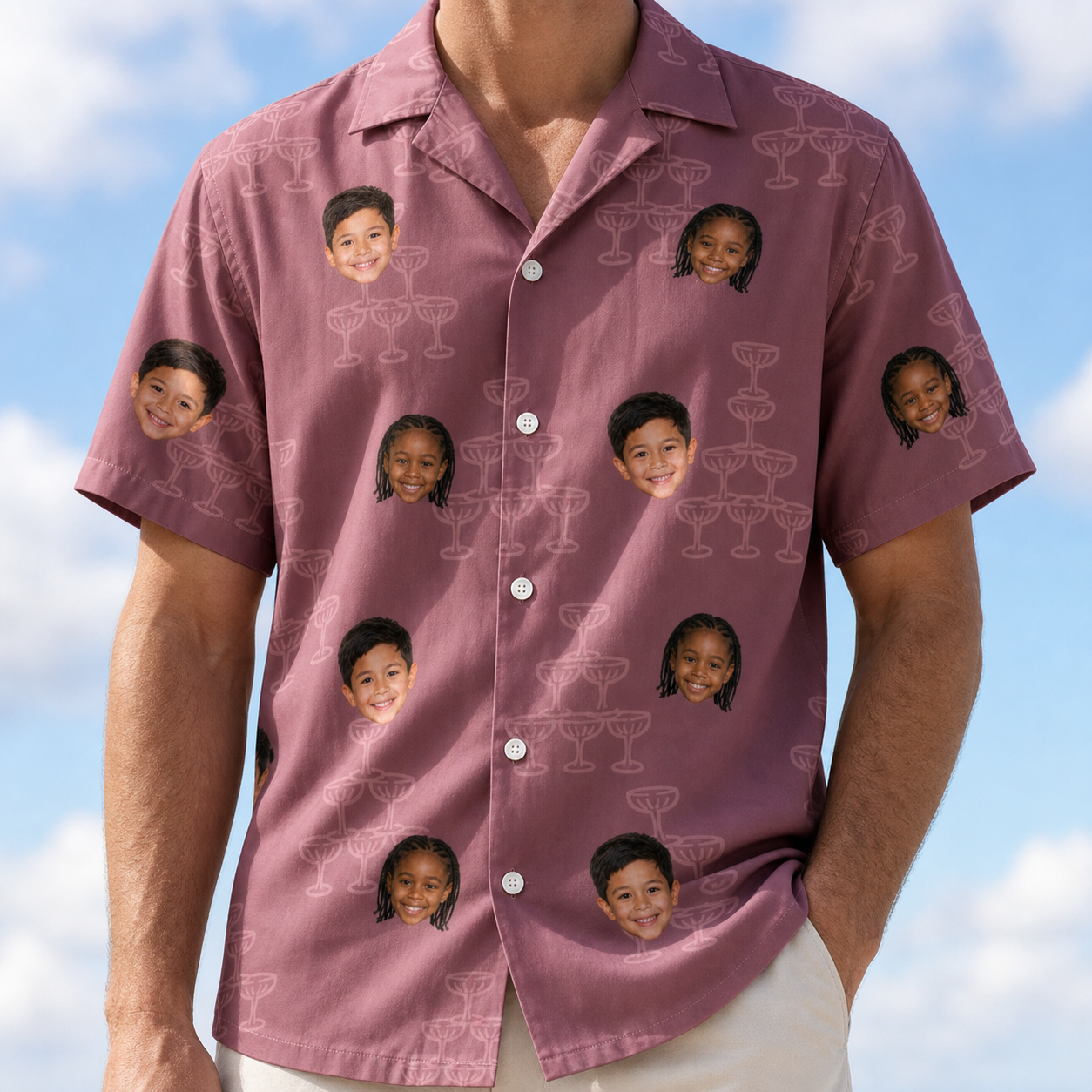 Model wearing Men's Marrytime Mimosas Custom Face Hawaiian Shirt printed with kids' faces