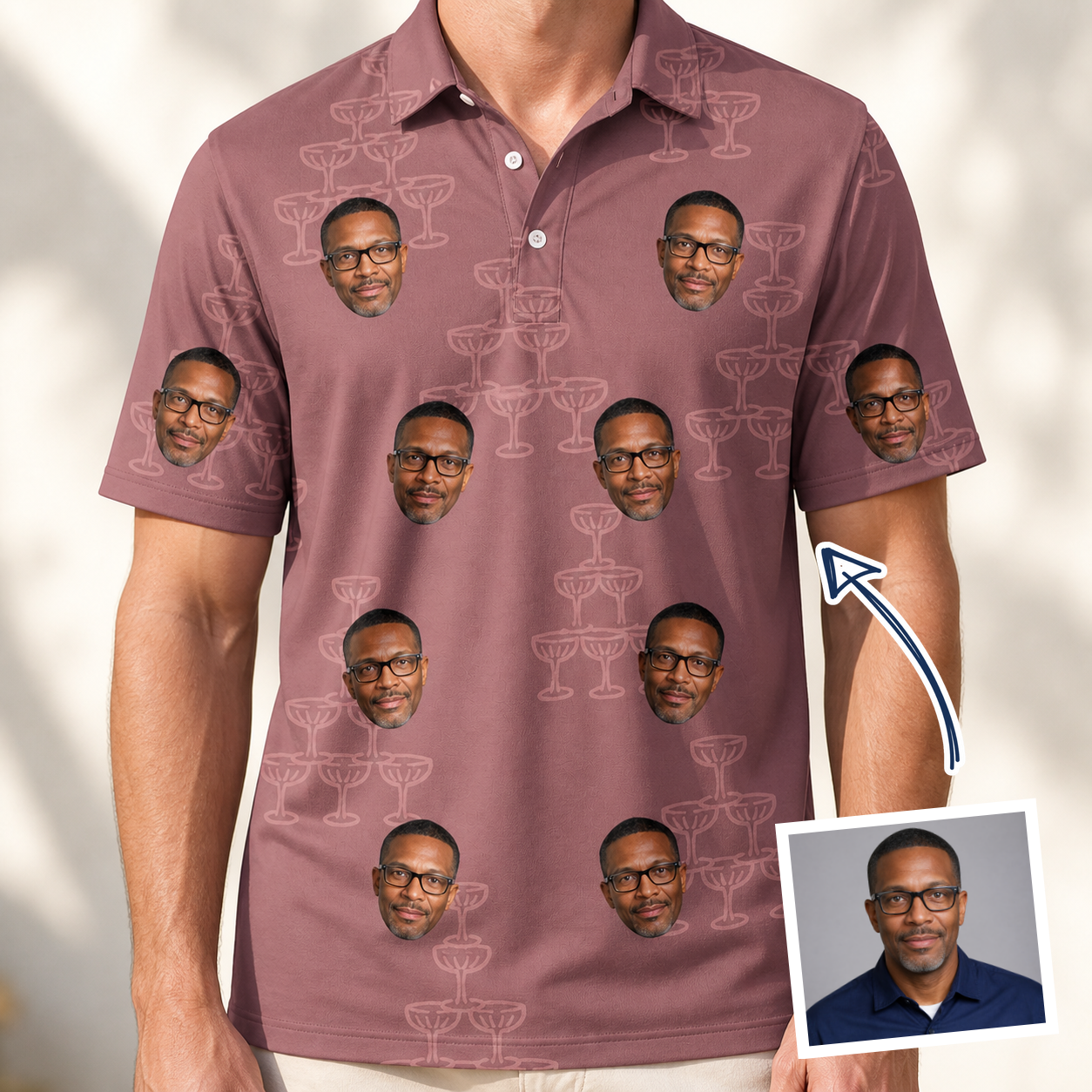 Man wearing Men's Marrytime Mimosas Custom Face Polo Shirt — custom faces printed all-over
