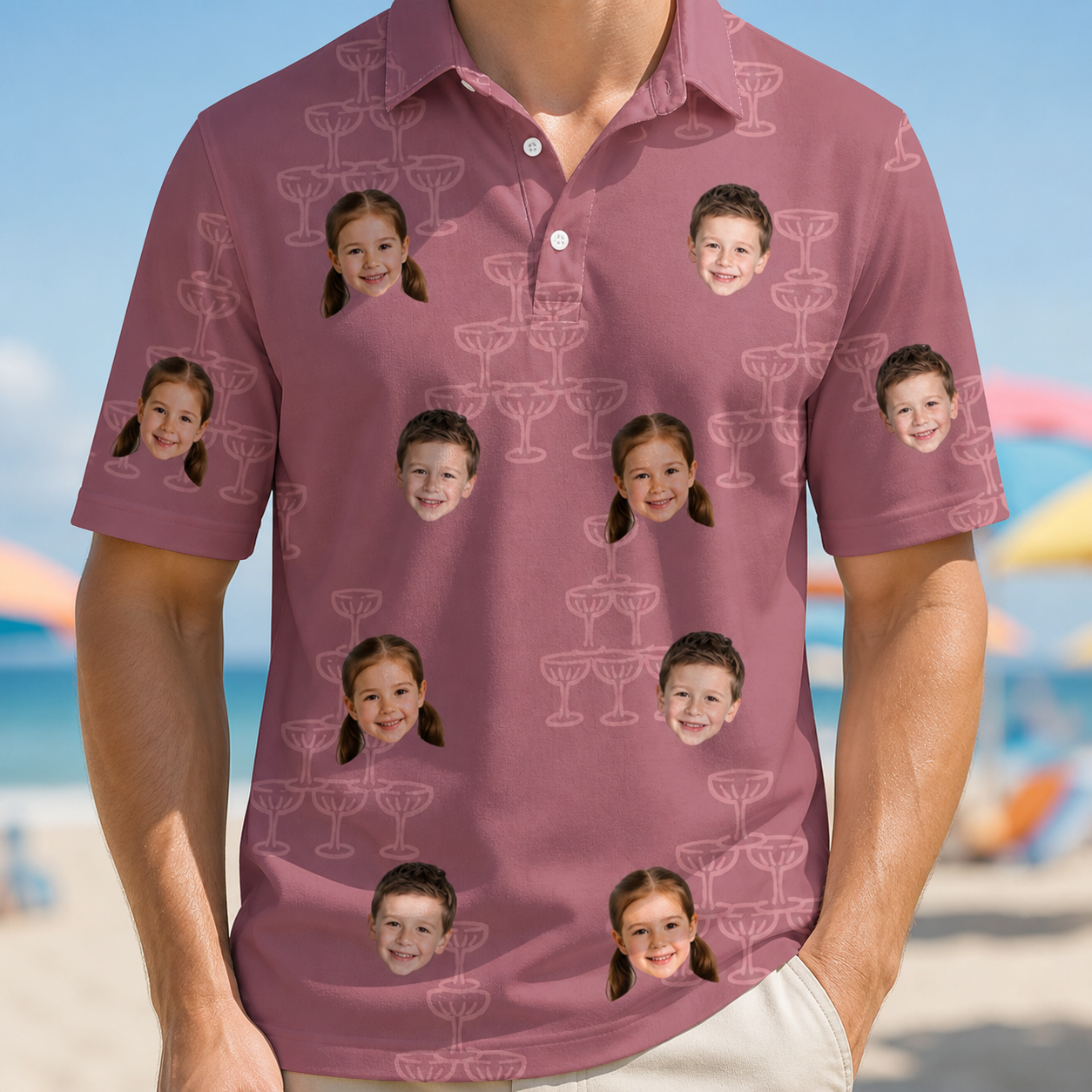 Model wearing Men's Marrytime Mimosas Custom Face Polo Shirt printed with kids' faces