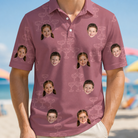 Model wearing Men's Marrytime Mimosas Custom Face Polo Shirt printed with kids' faces
