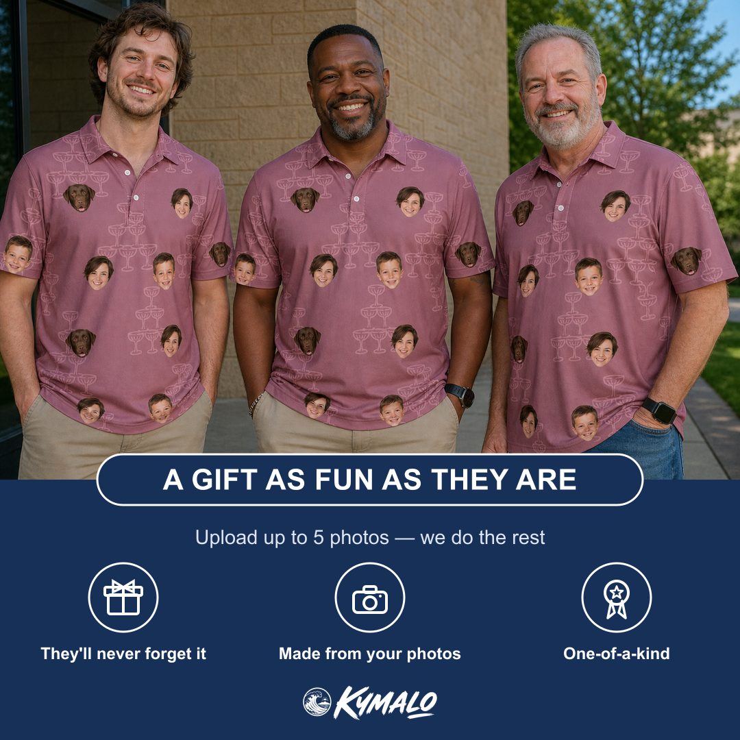 Friends in matching Men's Marrytime Mimosas Custom Face Polo Shirt — a group gift photo