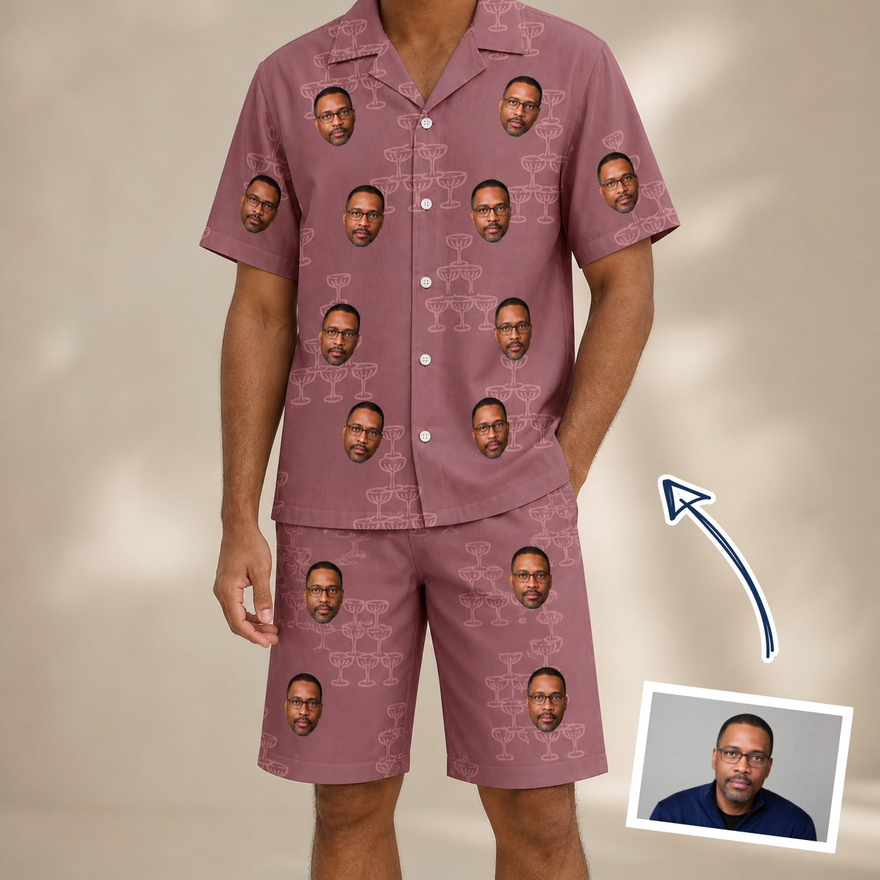 Man wearing Men's Marrytime Mimosas Custom Face Shirt & Shorts Set — custom faces printed all-over