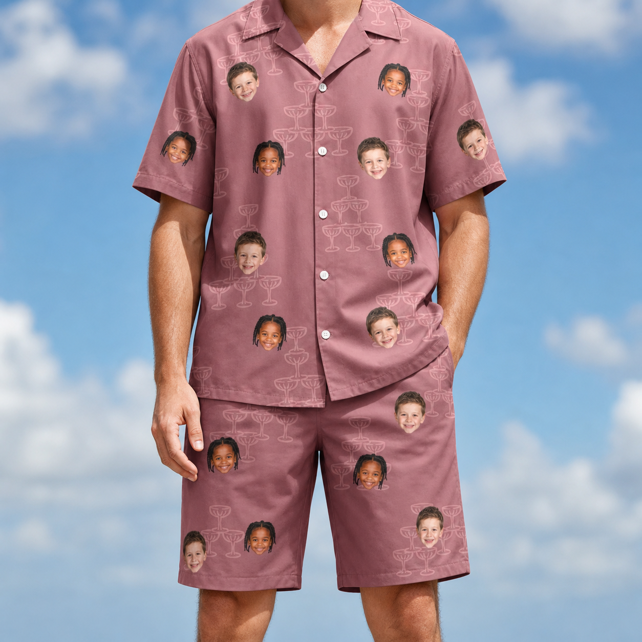 Model wearing Men's Marrytime Mimosas Custom Face Shirt & Shorts Set printed with kids' faces