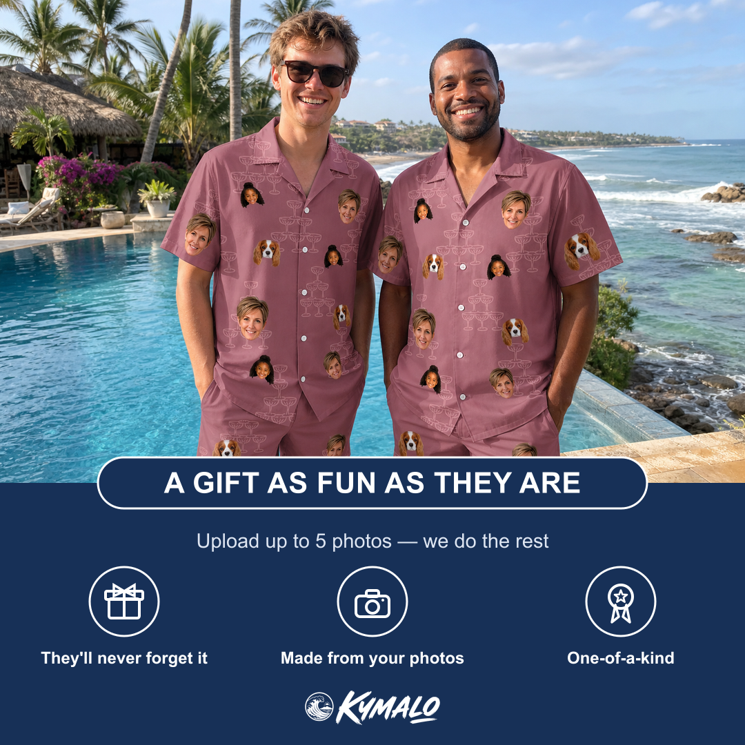 Friends in matching Men's Marrytime Mimosas Custom Face Shirt & Shorts Set — a group gift photo