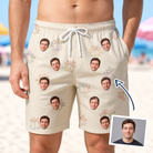 Man wearing Men's Tolling Tides Custom Face Beach Shorts — custom faces printed all-over