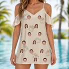 Model wearing Women's Tolling Tides Custom Face Off-Shoulder Dress printed with kids' faces