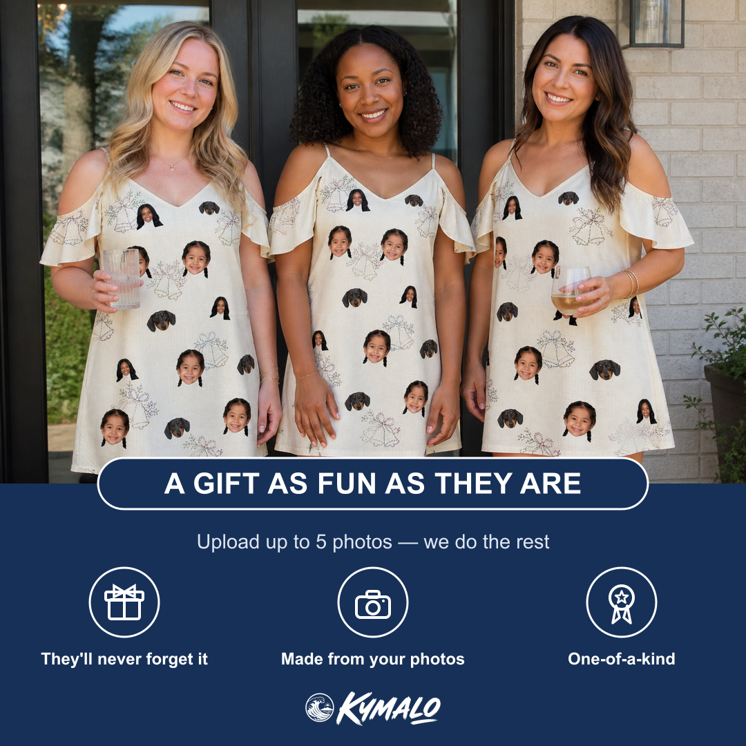 Friends in matching Women's Tolling Tides Custom Face Off-Shoulder Dress — a group gift photo