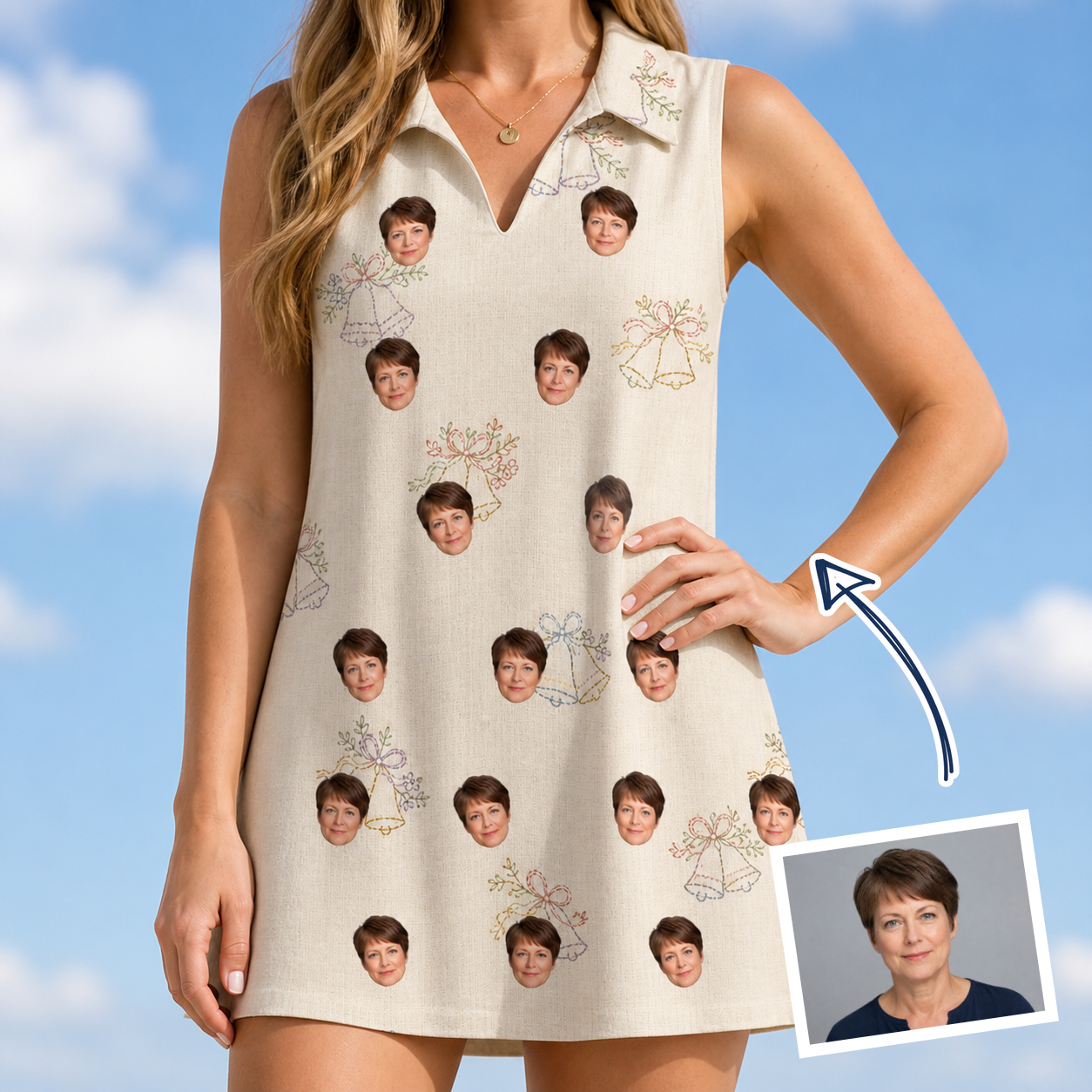 Woman wearing Women's Tolling Tides Custom Face V-Neck Dress — custom faces printed all-over