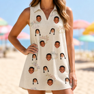 Model wearing Women's Tolling Tides Custom Face V-Neck Dress printed with kids' faces