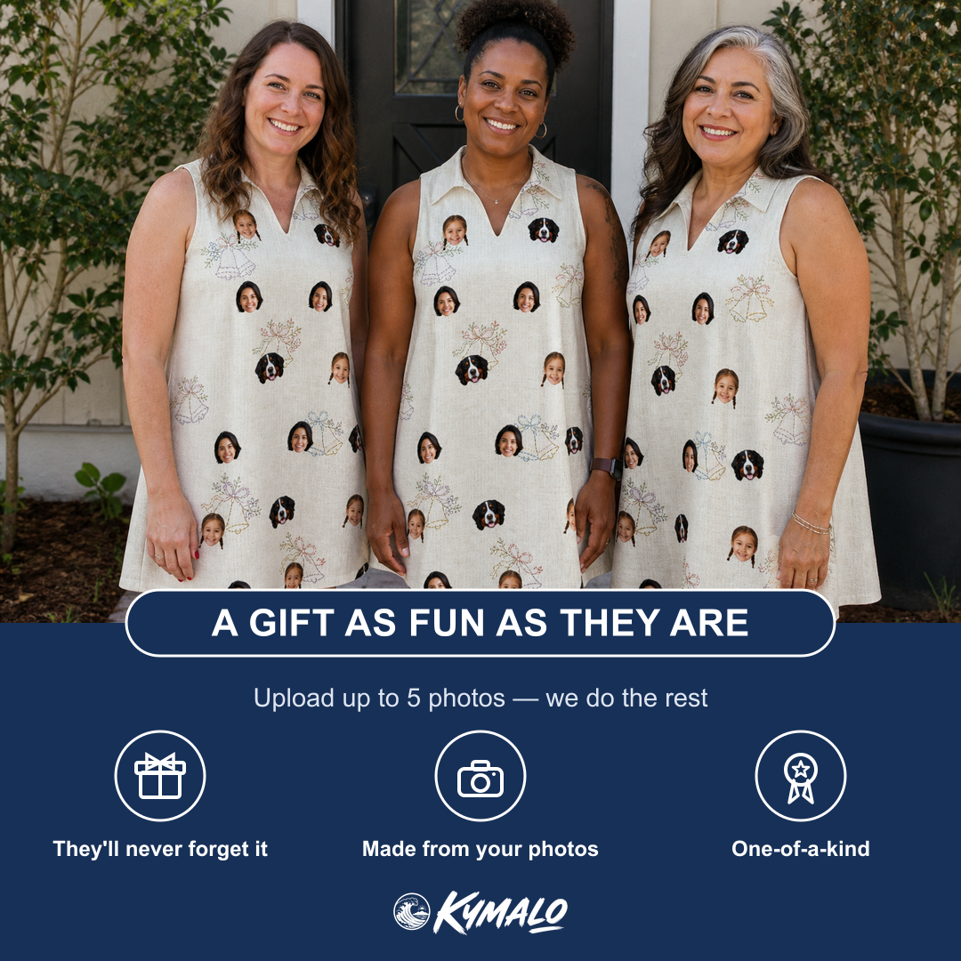 Friends in matching Women's Tolling Tides Custom Face V-Neck Dress — a group gift photo