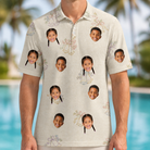 Model wearing Men's Tolling Tides Custom Face Polo Shirt printed with kids' faces