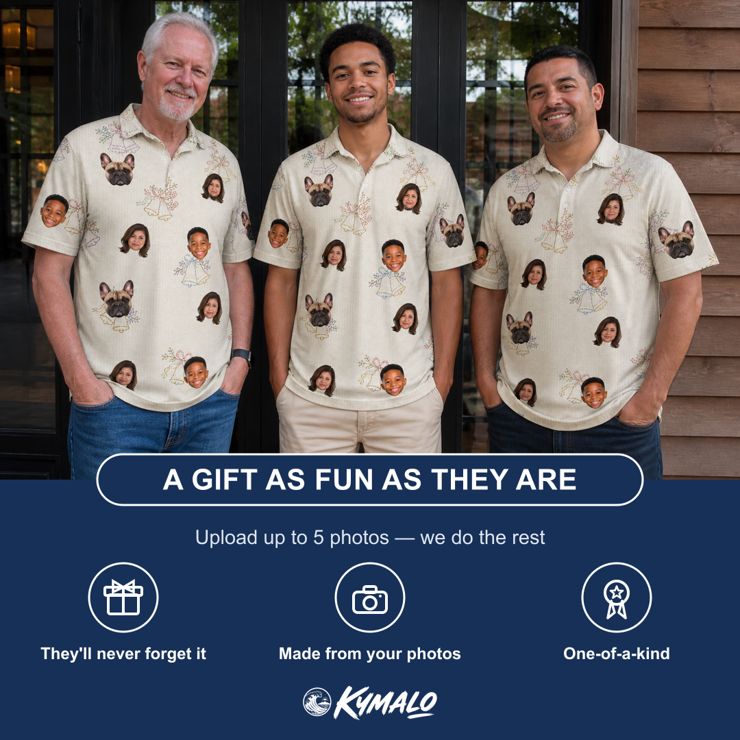Friends in matching Men's Tolling Tides Custom Face Polo Shirt — a group gift photo
