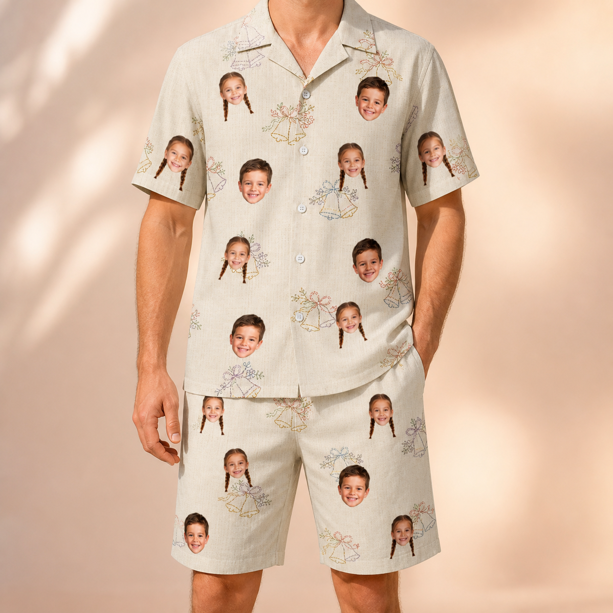 Model wearing Men's Tolling Tides Custom Face Shirt & Shorts Set printed with kids' faces