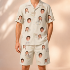 Model wearing Men's Tolling Tides Custom Face Shirt & Shorts Set printed with kids' faces