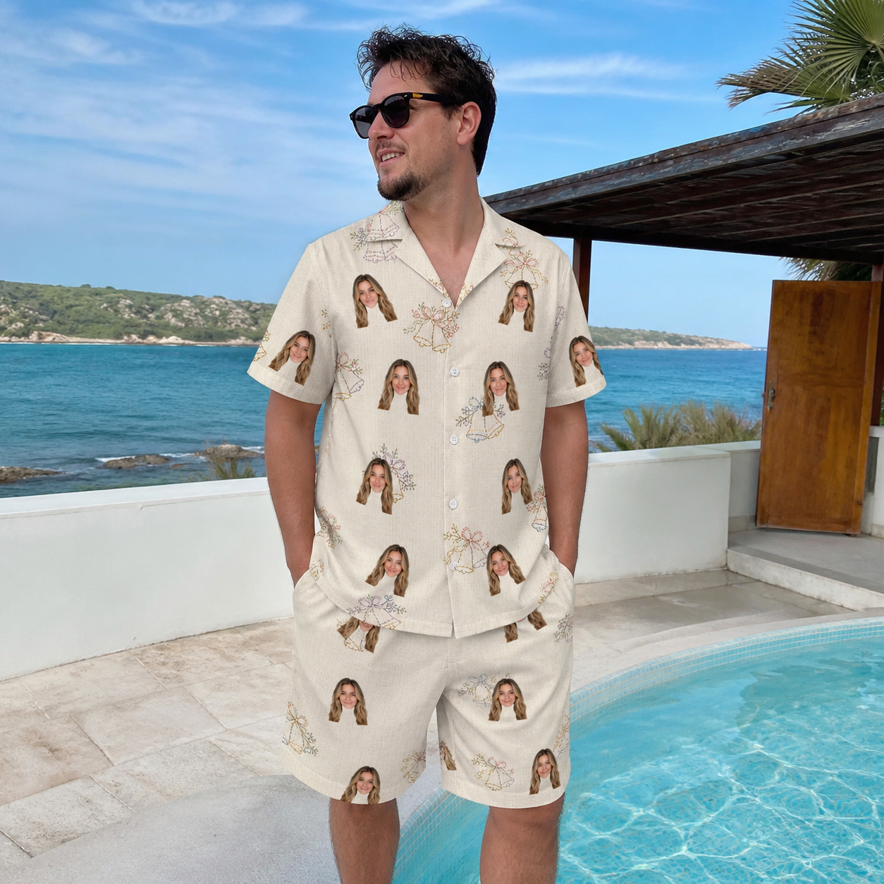 Real-life photo of someone wearing Men's Tolling Tides Custom Face Shirt & Shorts Set — custom faces printed all-over