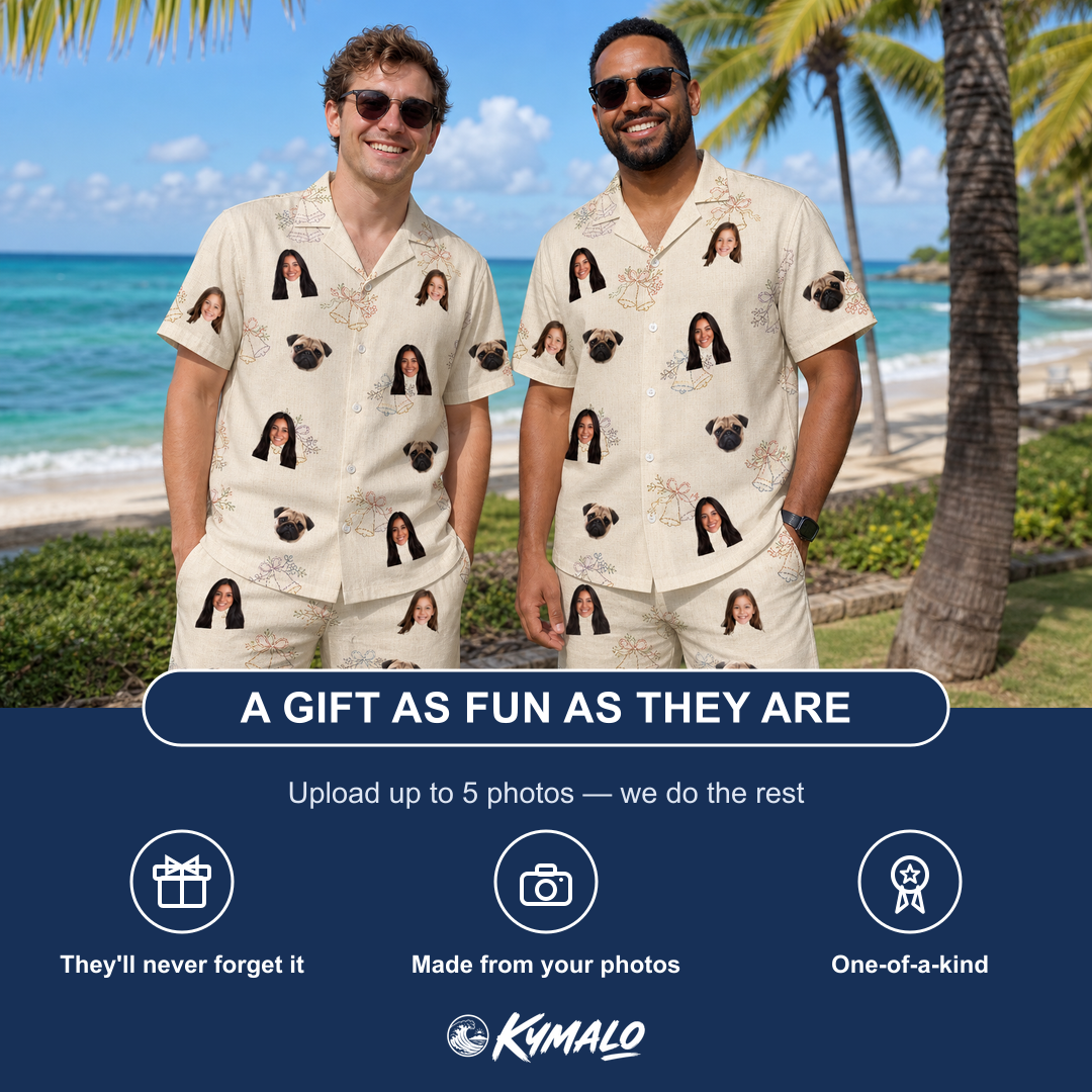 Friends in matching Men's Tolling Tides Custom Face Shirt & Shorts Set — a group gift photo