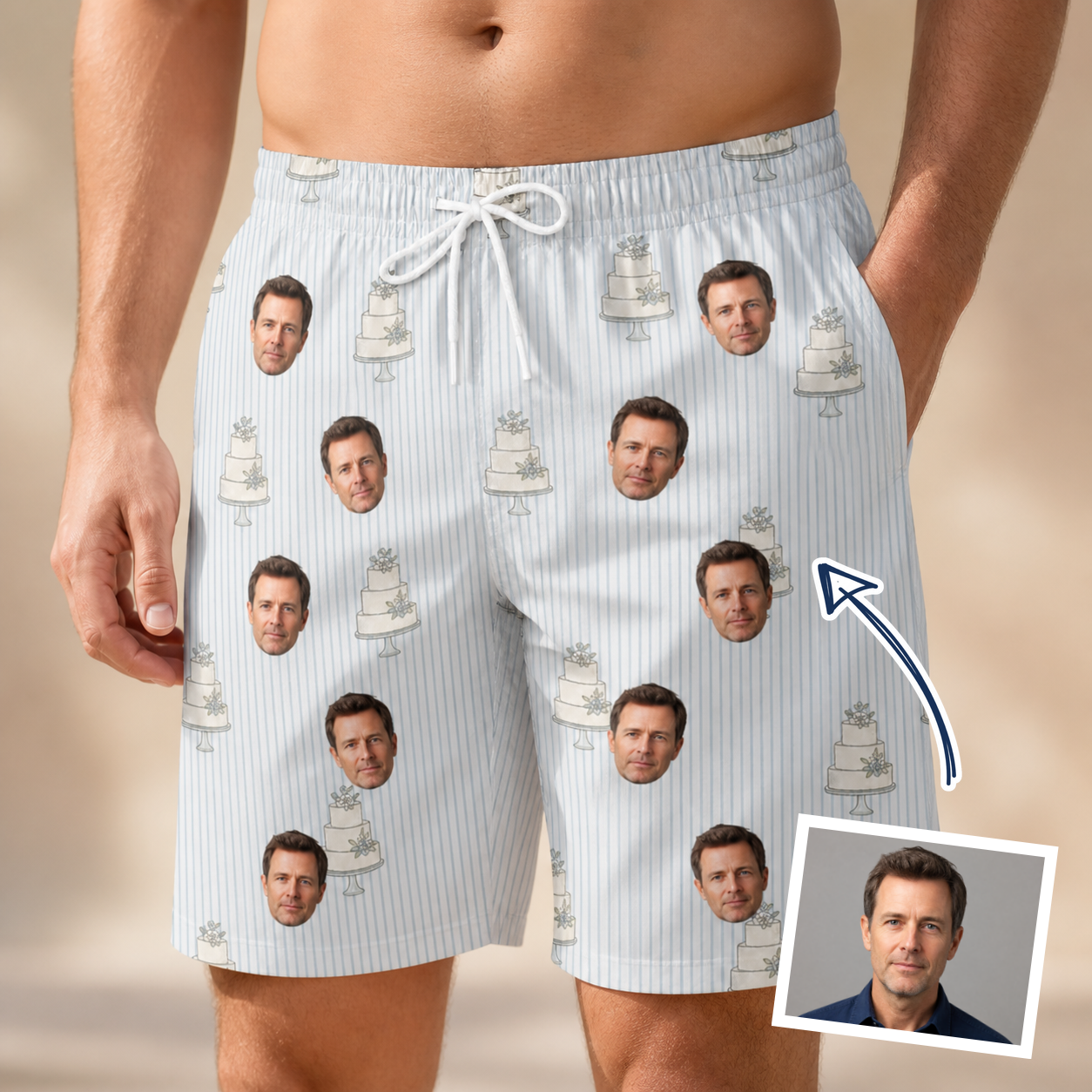 Man wearing Men's Mermaid Meringue Custom Face Beach Shorts — custom faces printed all-over