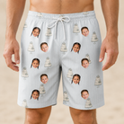 Model wearing Men's Mermaid Meringue Custom Face Beach Shorts printed with kids' faces