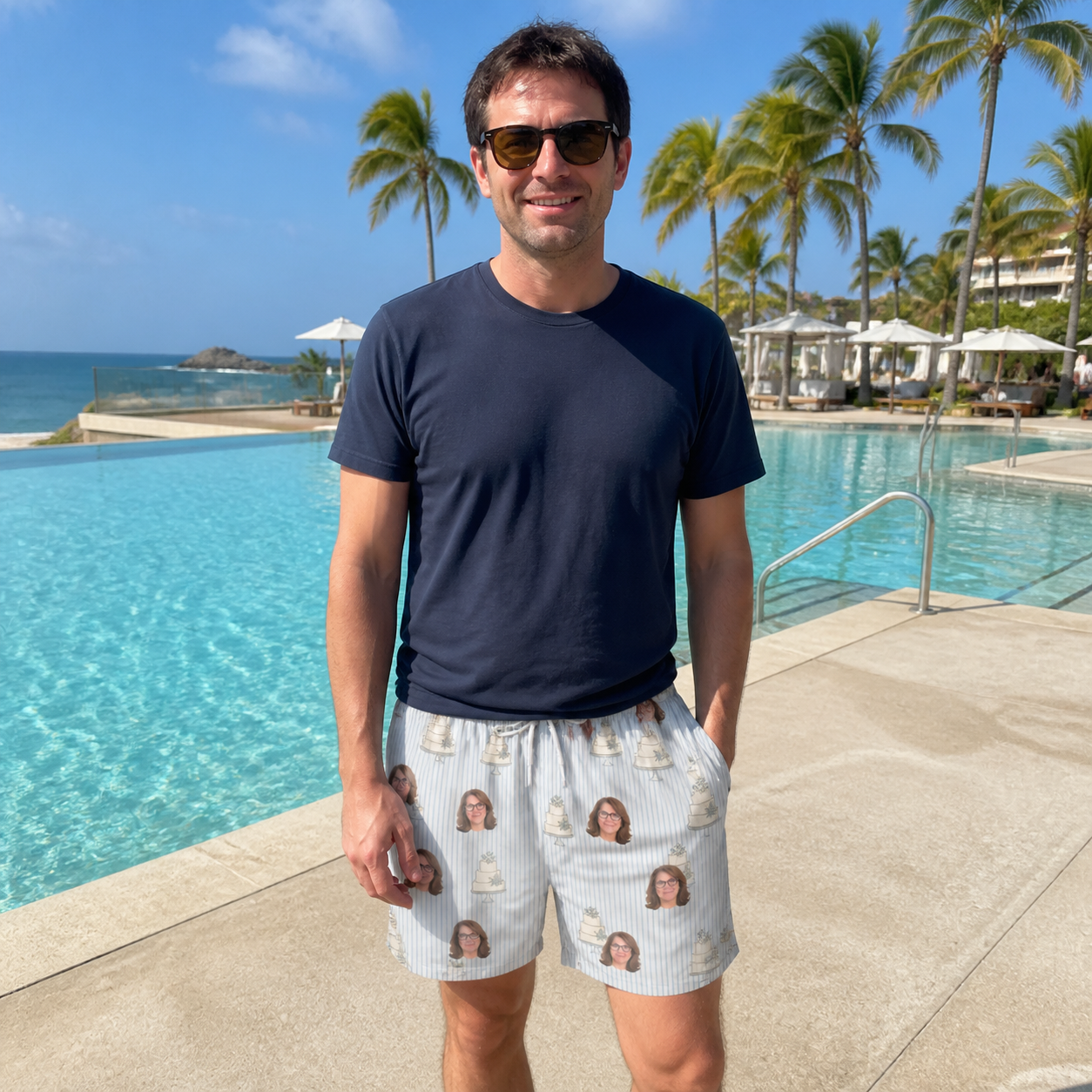Real-life photo of someone wearing Men's Mermaid Meringue Custom Face Beach Shorts — custom faces printed all-over