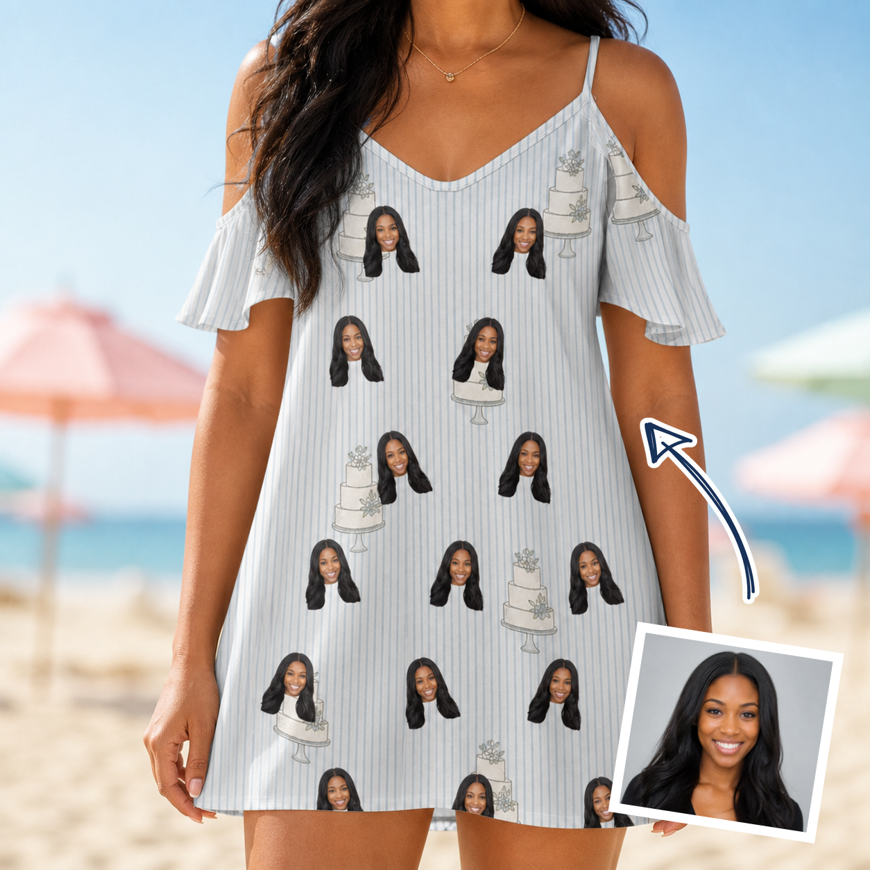 Woman wearing Women's Mermaid Meringue Custom Face Off-Shoulder Dress — custom faces printed all-over