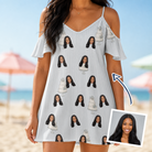 Woman wearing Women's Mermaid Meringue Custom Face Off-Shoulder Dress — custom faces printed all-over