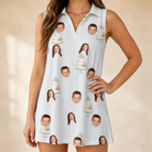Model wearing Women's Mermaid Meringue Custom Face V-Neck Dress printed with kids' faces