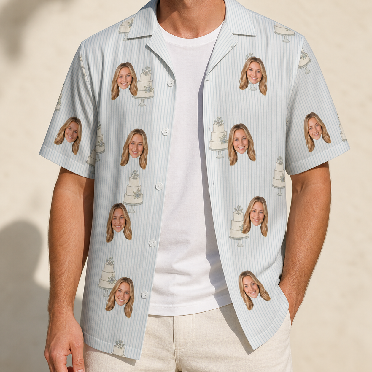 Man wearing Men's Mermaid Meringue Custom Face Hawaiian Shirt open over a white tee