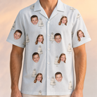 Model wearing Men's Mermaid Meringue Custom Face Hawaiian Shirt printed with kids' faces