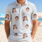 Model wearing Men's Mermaid Meringue Custom Face Polo Shirt printed with kids' faces