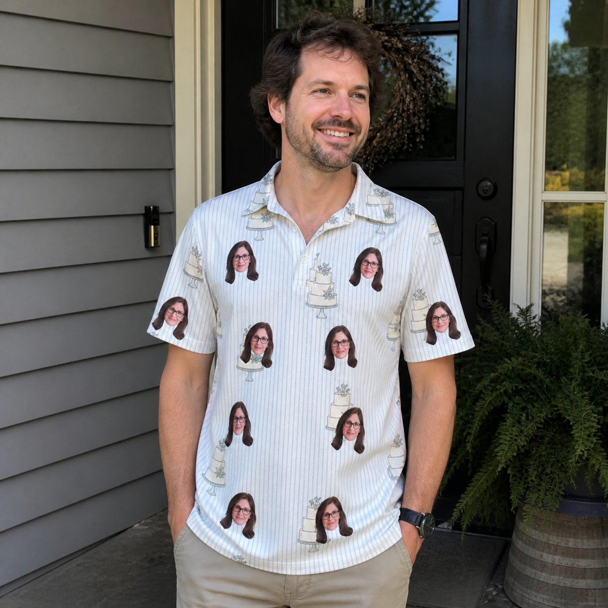 Real-life photo of someone wearing Men's Mermaid Meringue Custom Face Polo Shirt — custom faces printed all-over