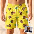 Man wearing Men's Entwined Escapade Custom Face Beach Shorts — custom faces printed all-over