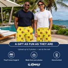 Friends in matching Men's Entwined Escapade Custom Face Beach Shorts — a group gift photo
